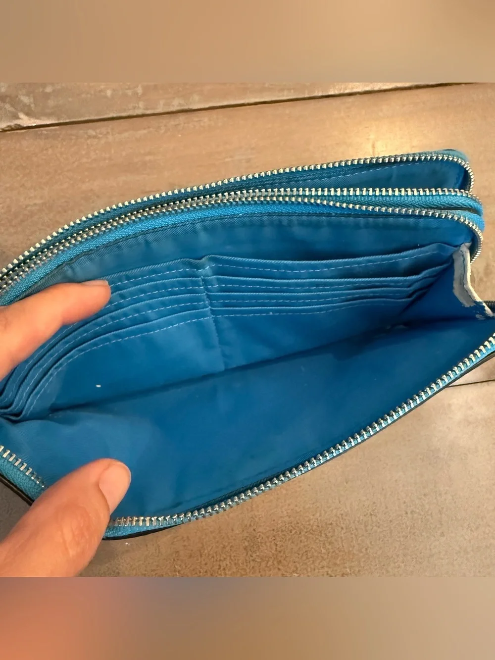 COACH BLUE PEBBLED LEATHER DOUBLE CORNER ZIP ZIPPER WRISTLET CLUTCH WALLET  Used